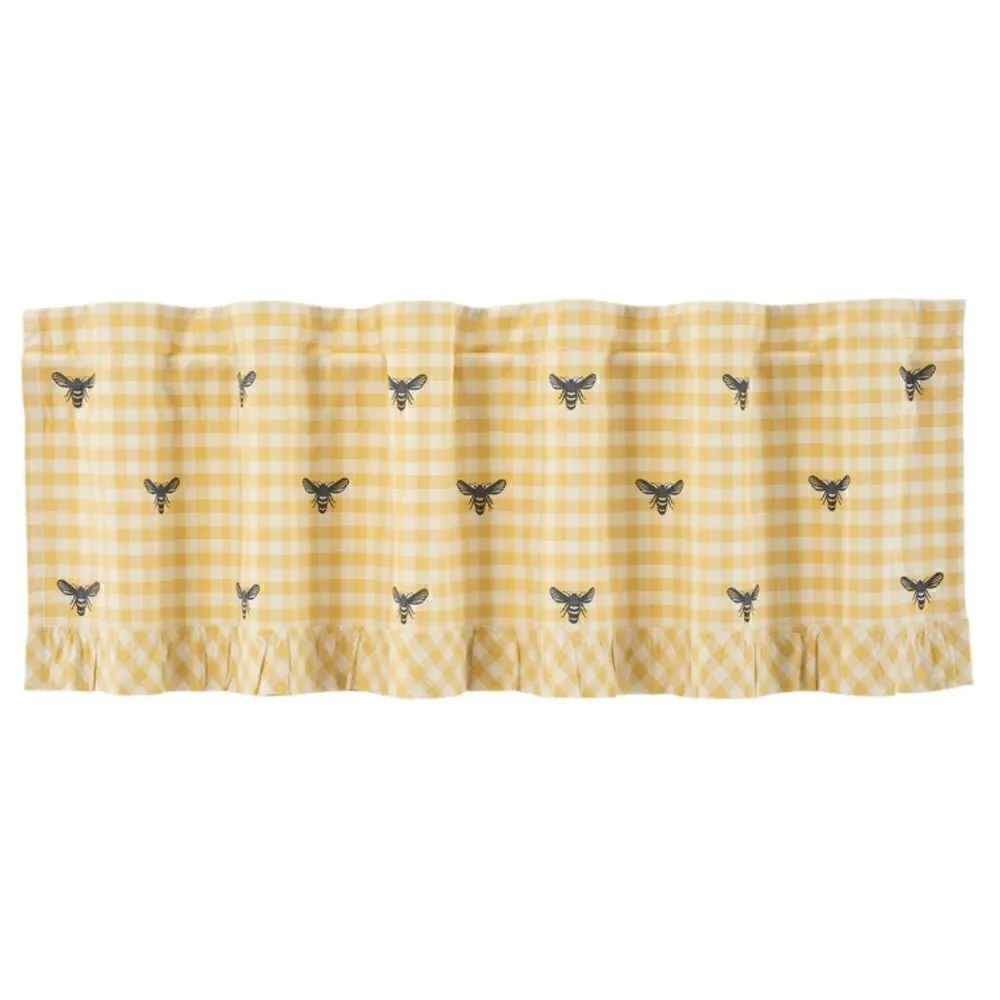 NEW! Cute Buzzing Honey Bee Ruffled Yellow Plaid Window Valance Farmhouse